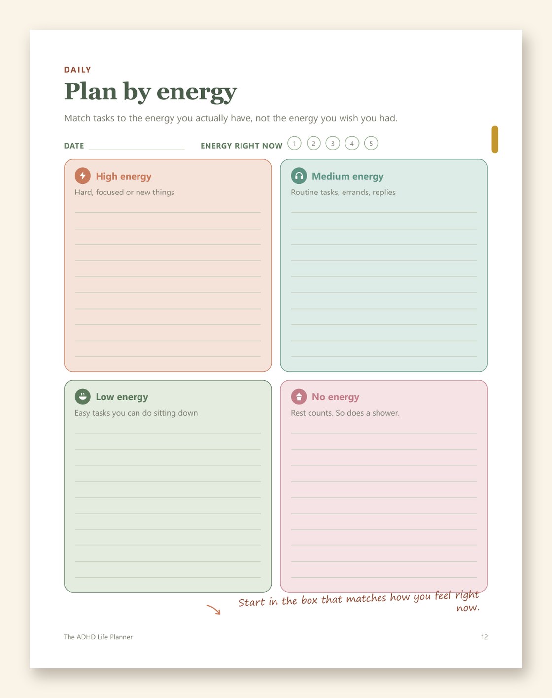 Free printable ADHD daily planner page — plan by energy