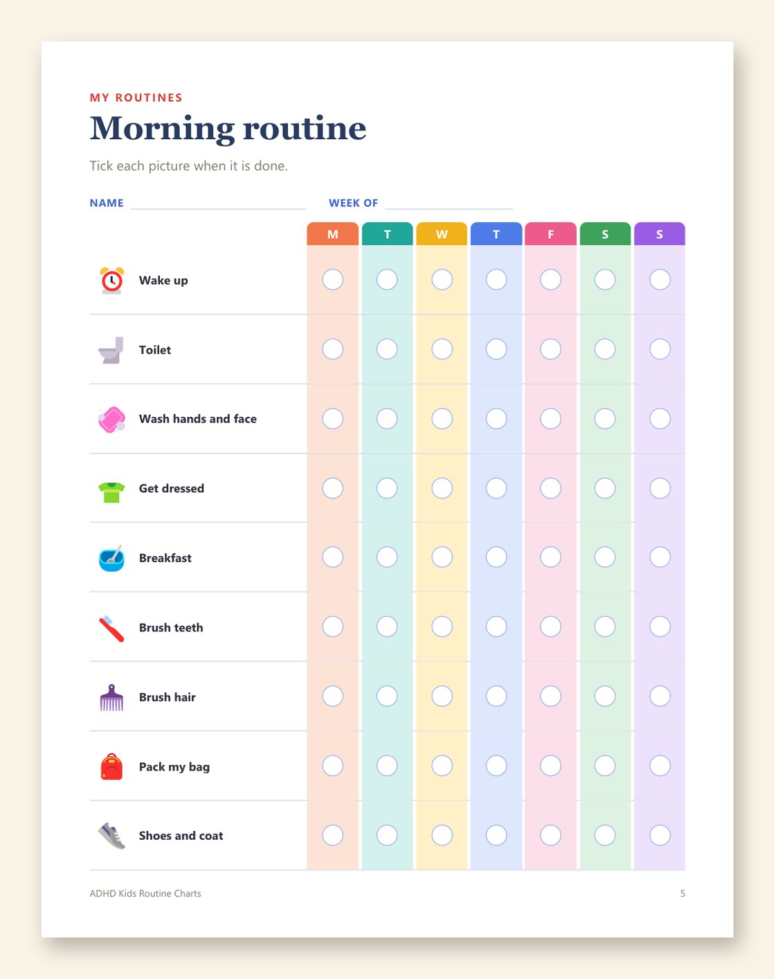 Free printable morning routine chart for kids with pictures