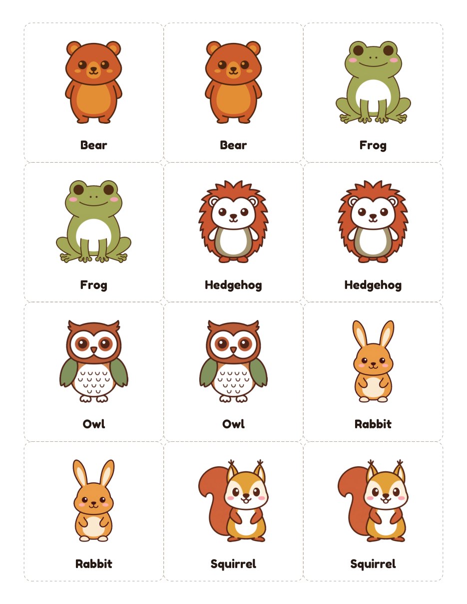 Free printable woodland animal matching cards — 6 pairs